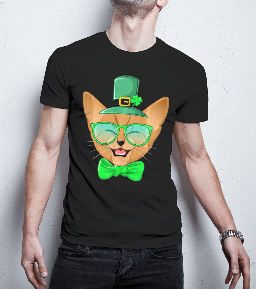 St. Patricks Day Cat Kitty Leprec Leprechaun Hat Green Glasses Bowtie Shamrock T-Shirt
