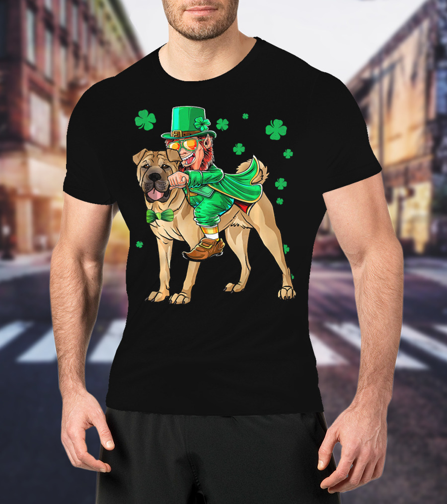 Leprechaun Riding Chinese Shar Pei With Shamrock Bowtie And Hat T-Shirt
