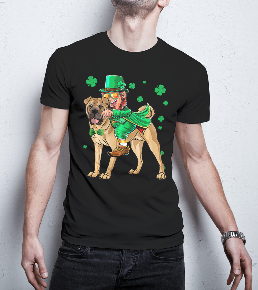 Leprechaun Riding Chinese Shar Pei With Shamrock Bowtie And Hat T-Shirt