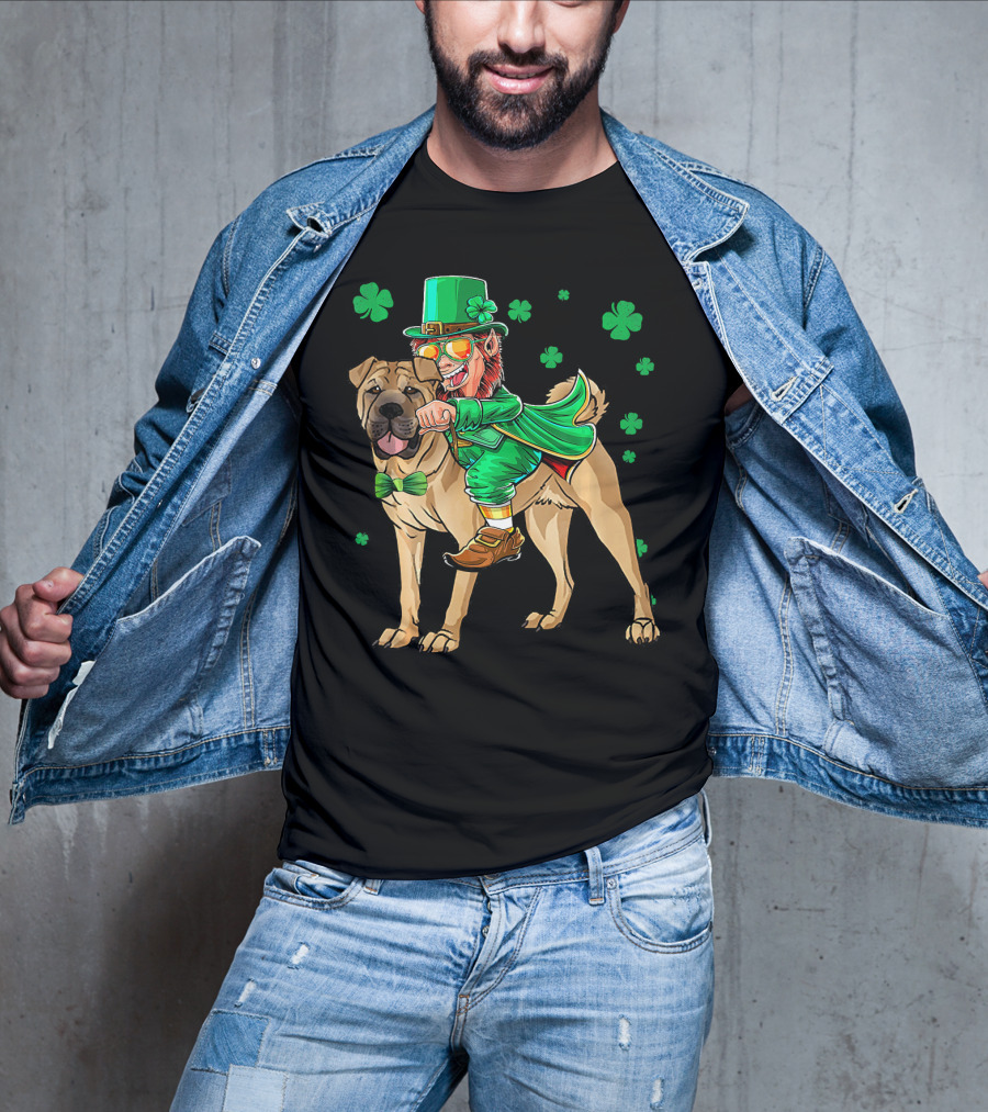 Leprechaun Riding Chinese Shar Pei With Shamrock Bowtie And Hat T-Shirt