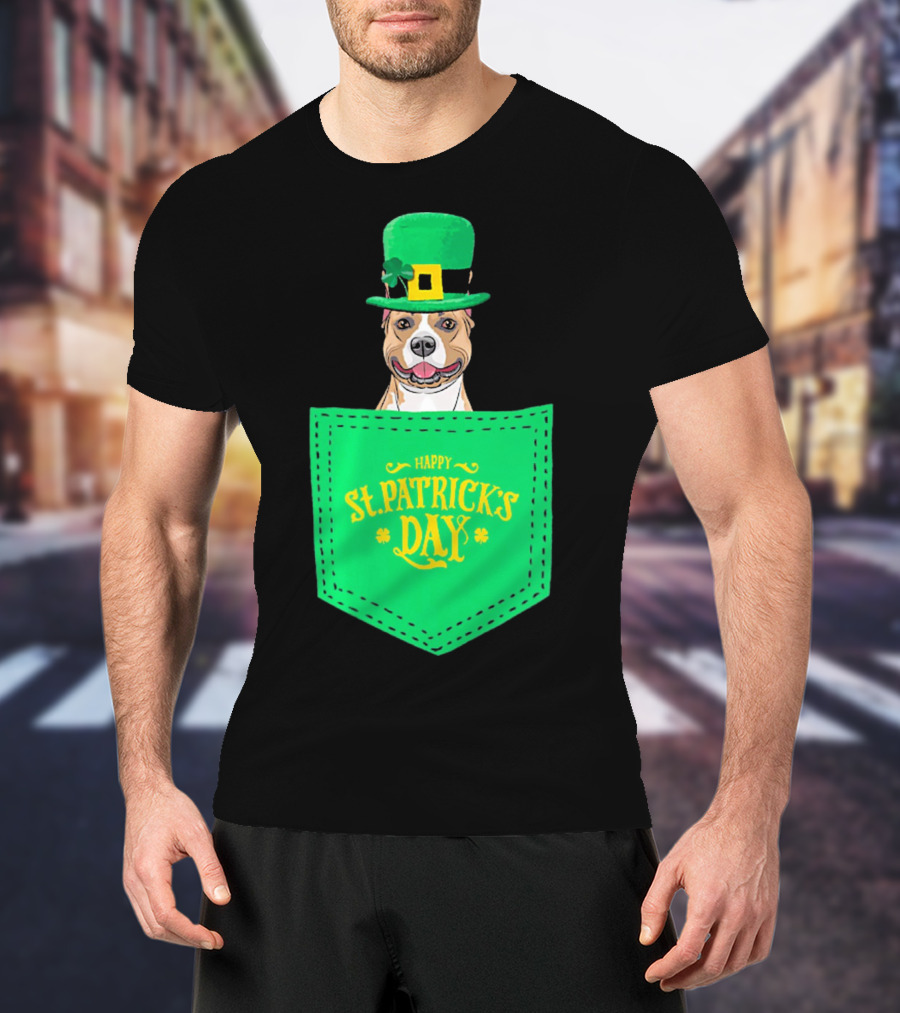 Happy St. Patrick's Day Pitbull Dog In Pocket T-Shirt