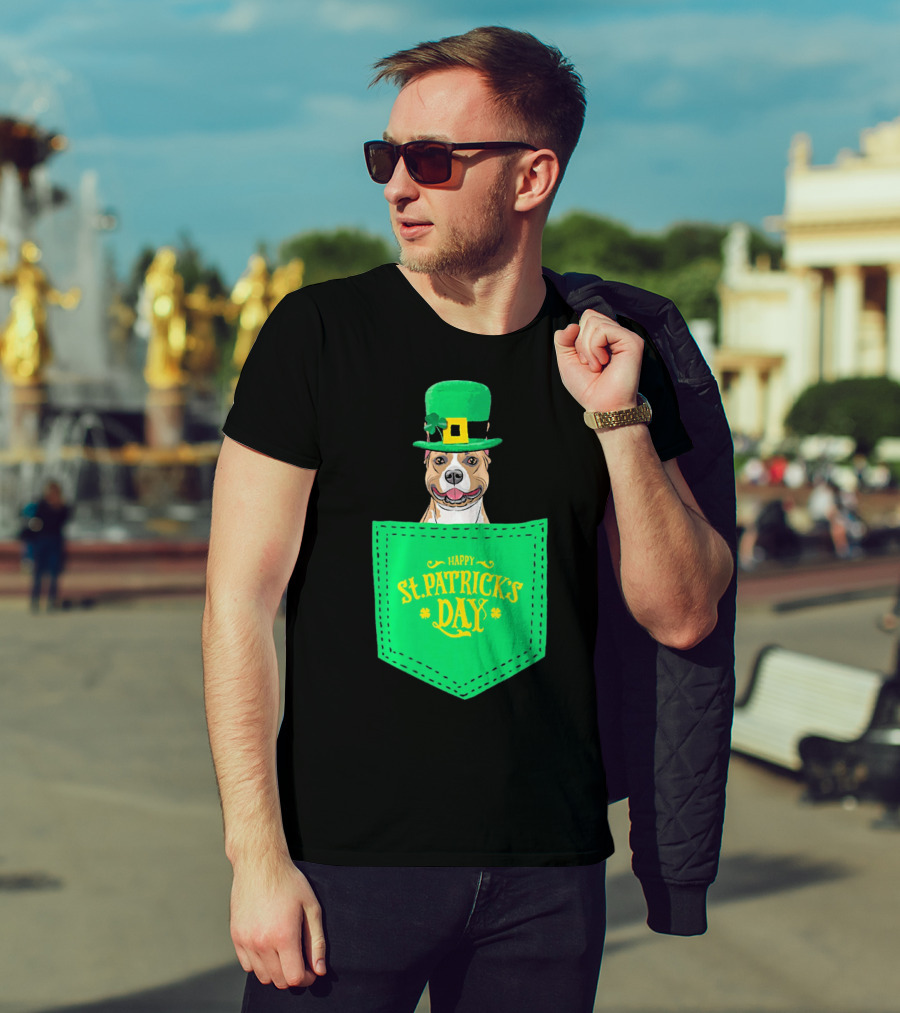 Happy St. Patrick's Day Pitbull Dog In Pocket T-Shirt