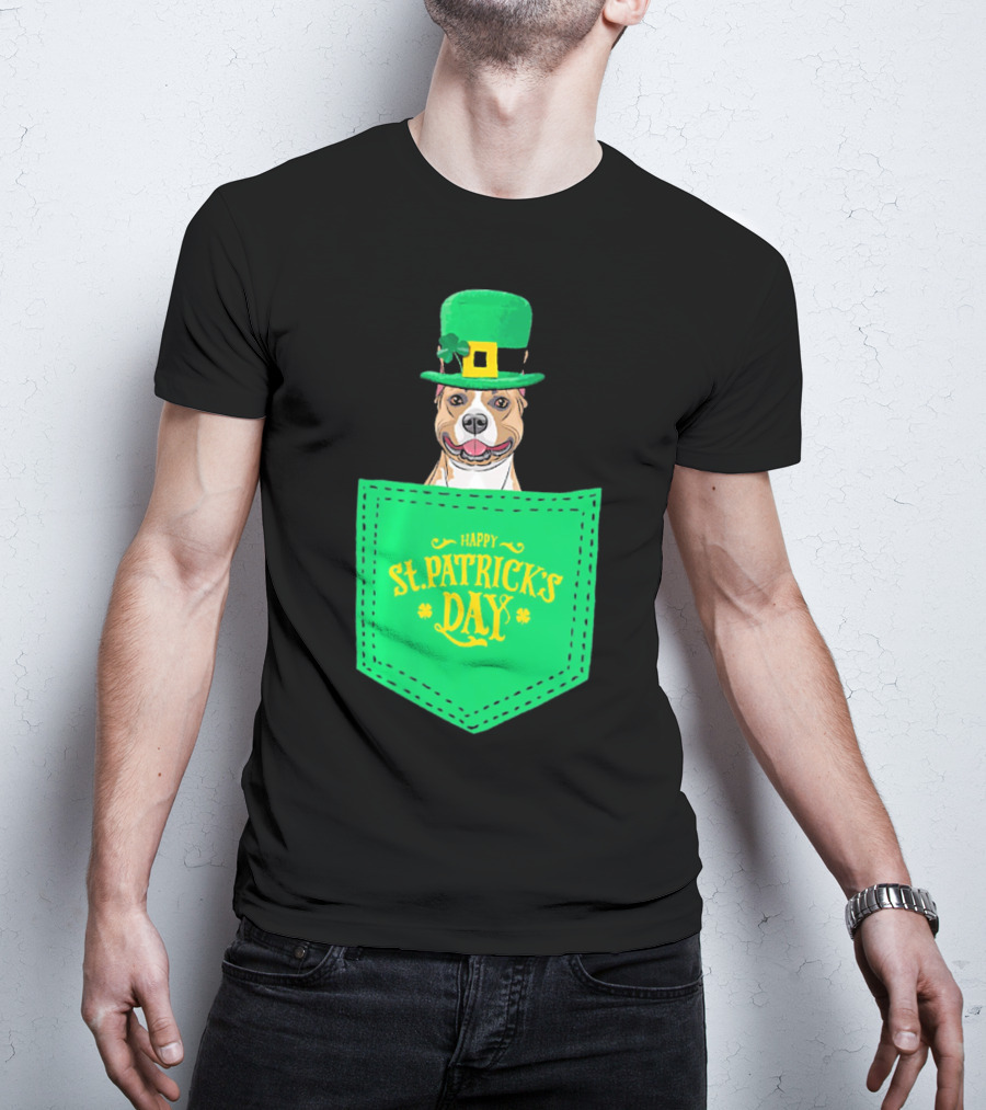 Happy St. Patrick's Day Pitbull Dog In Pocket T-Shirt