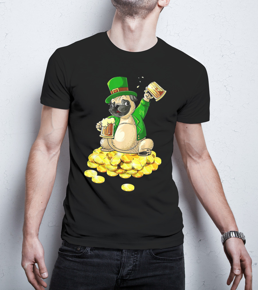 Irish Pug St. Patrick's Day Beer Cheers On Gold Coins T-Shirt