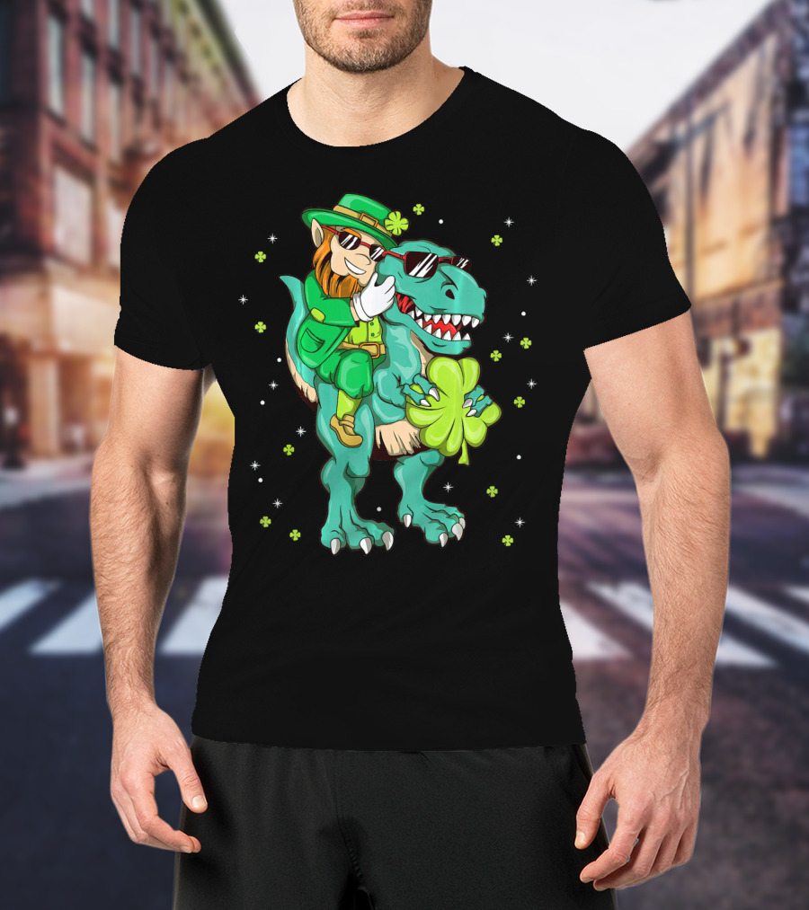 Irish Leprechaun Riding Dinosaur With Clover And Sunglasses T-Shirt