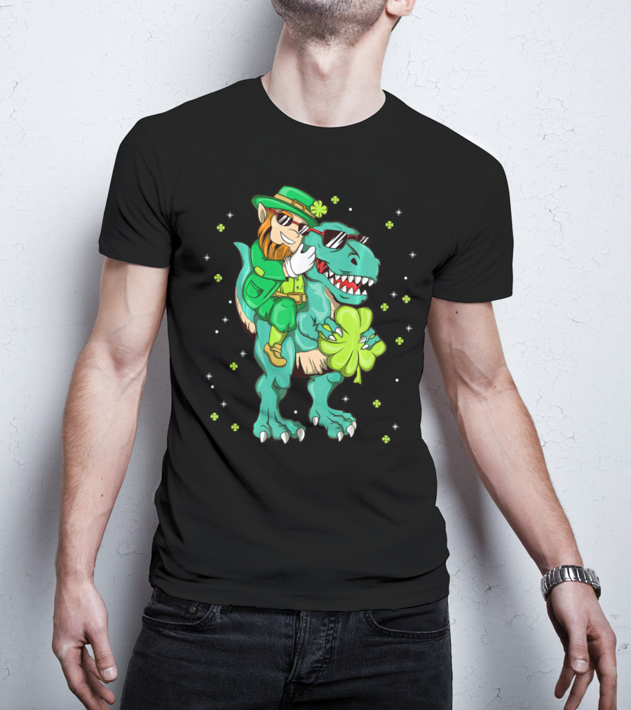 Irish Leprechaun Riding Dinosaur With Clover And Sunglasses T-Shirt