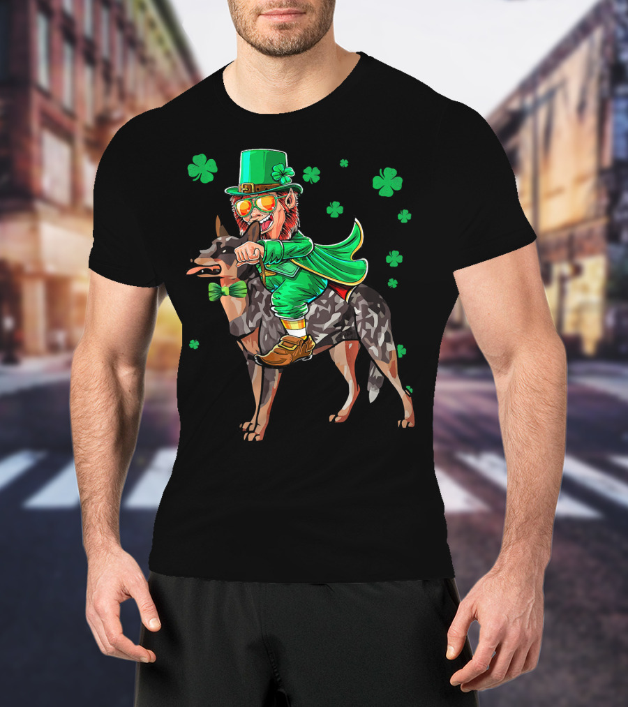 Leprechaun Riding Australian Cattle Dog With Shamrocks T-Shirt
