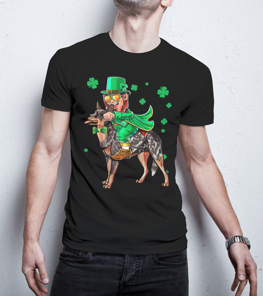 Leprechaun Riding Australian Cattle Dog With Shamrocks T-Shirt