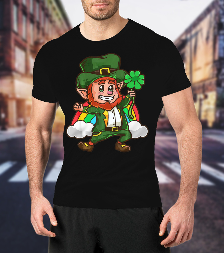 St Patricks Happy Leprechaun Holding Shamrock With Rainbow And Clouds T-Shirt