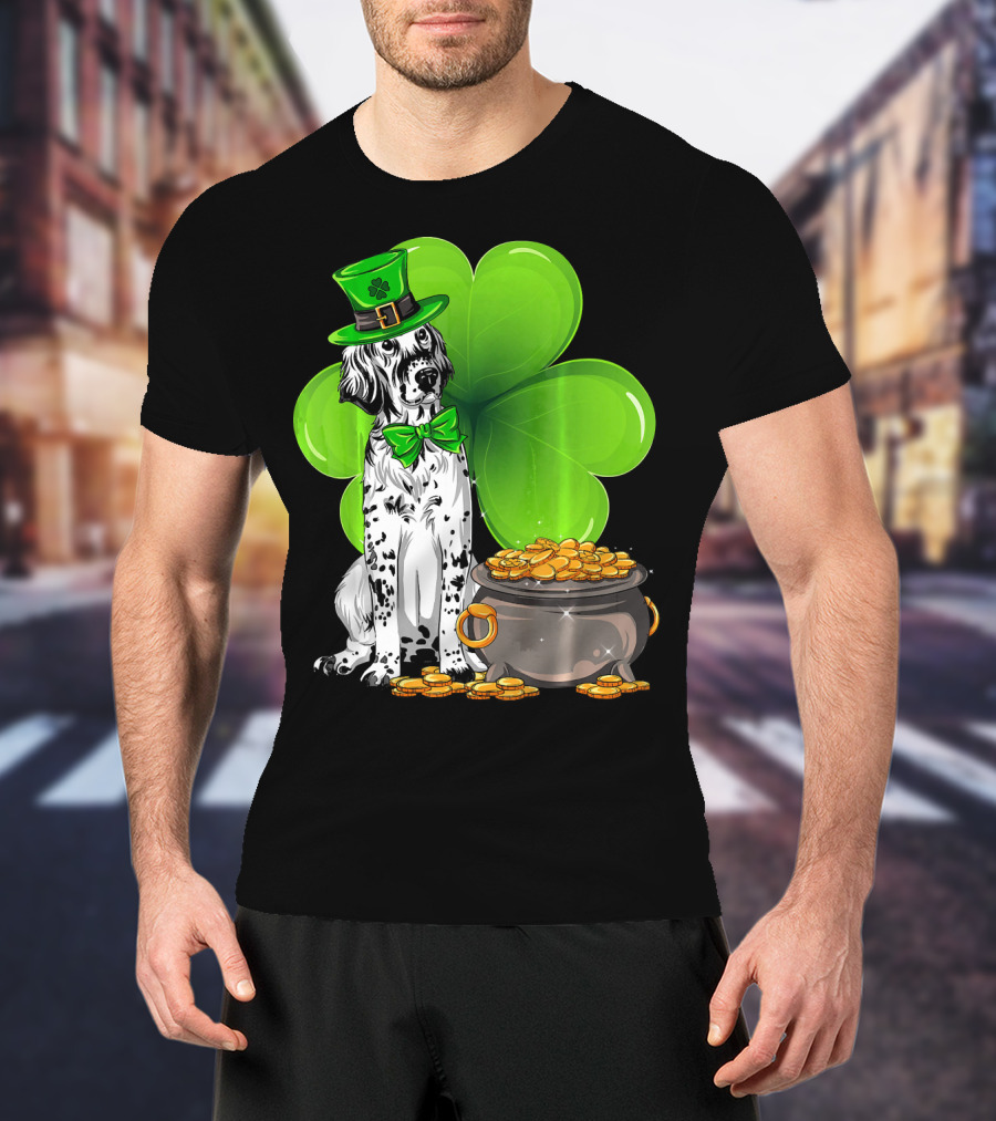 English Setter St Patricks Day Leprechaun Dog With Clover And Pot Of Gold T-Shirt