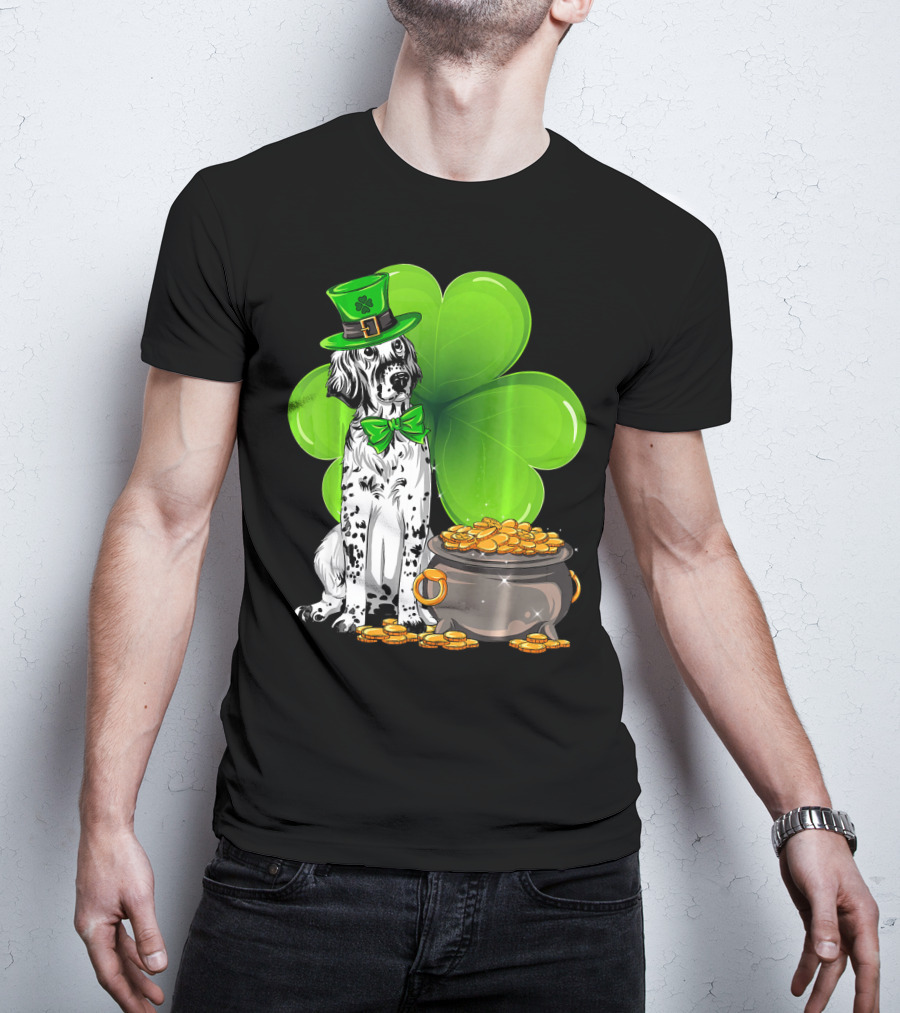 English Setter St Patricks Day Leprechaun Dog With Clover And Pot Of Gold T-Shirt