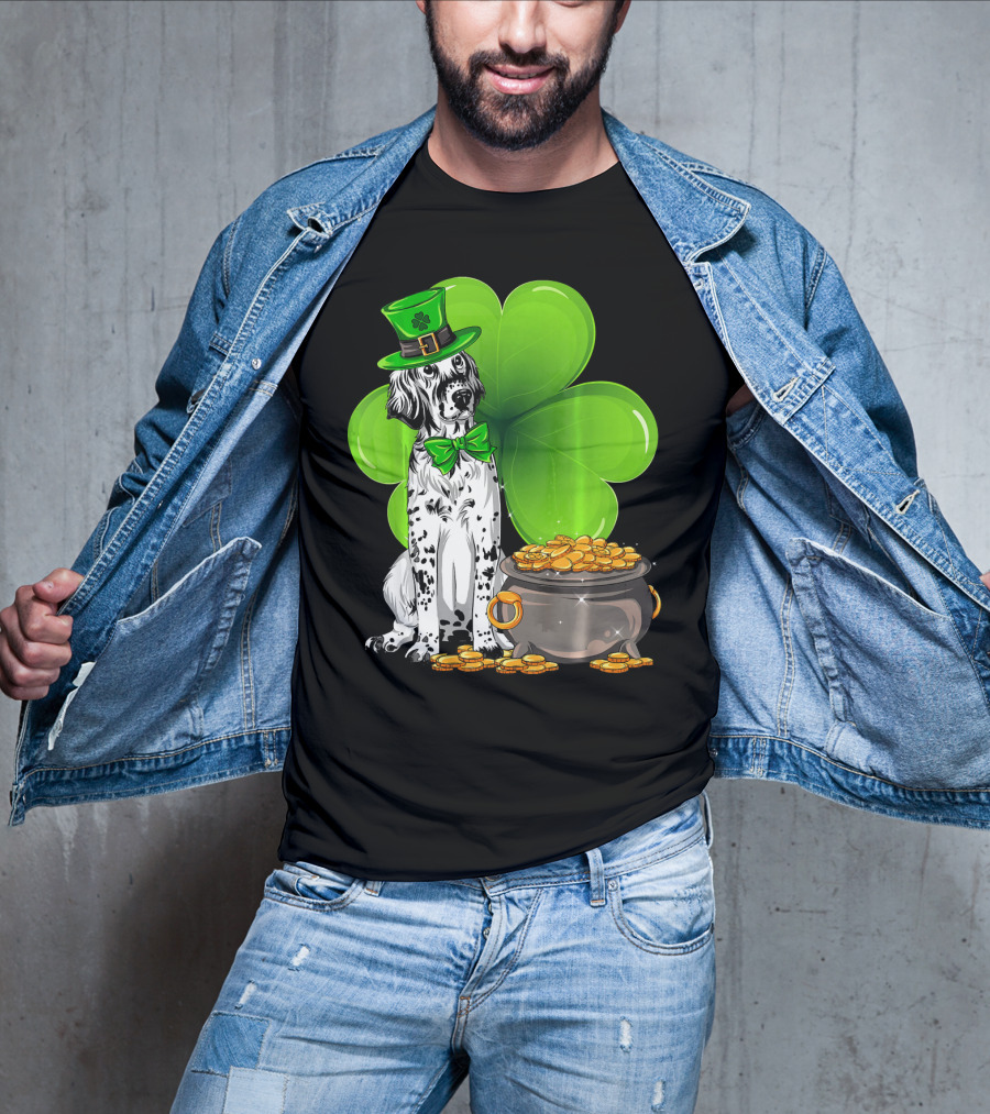 English Setter St Patricks Day Leprechaun Dog With Clover And Pot Of Gold T-Shirt