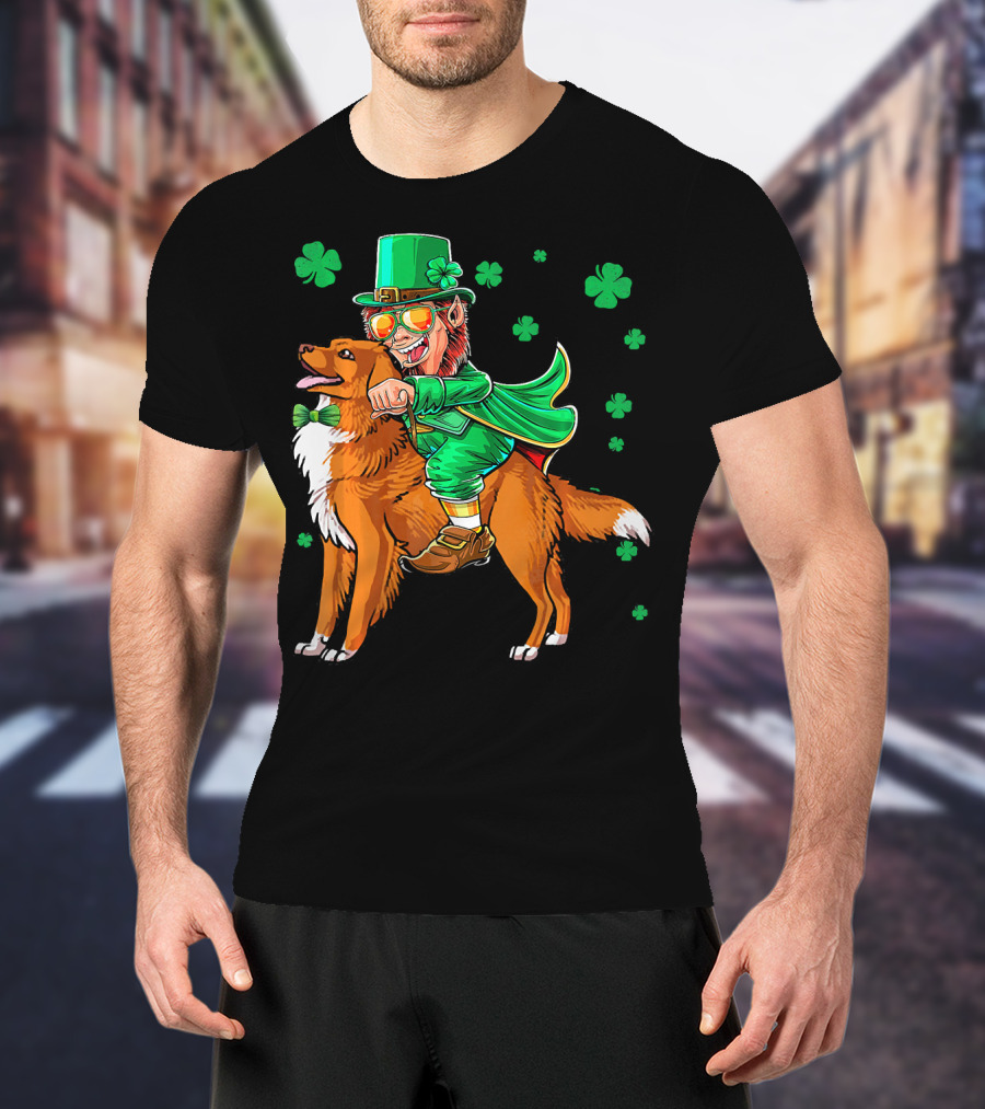 Leprechaun Riding Nova Scotia Duck Tolling Retriever With Shamrocks T-Shirt
