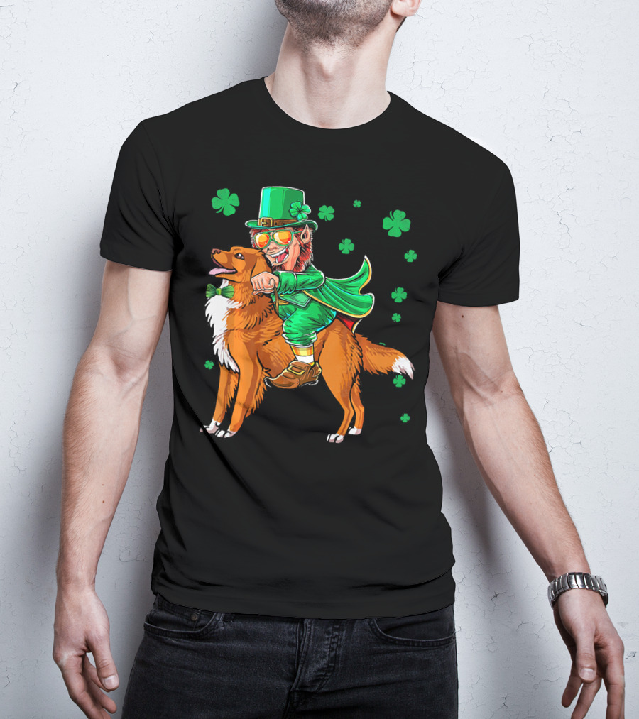 Leprechaun Riding Nova Scotia Duck Tolling Retriever With Shamrocks T-Shirt