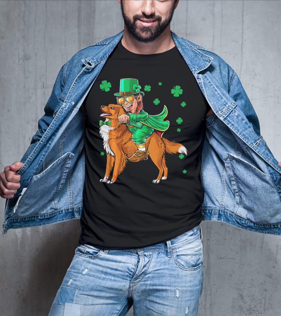 Leprechaun Riding Nova Scotia Duck Tolling Retriever With Shamrocks T-Shirt