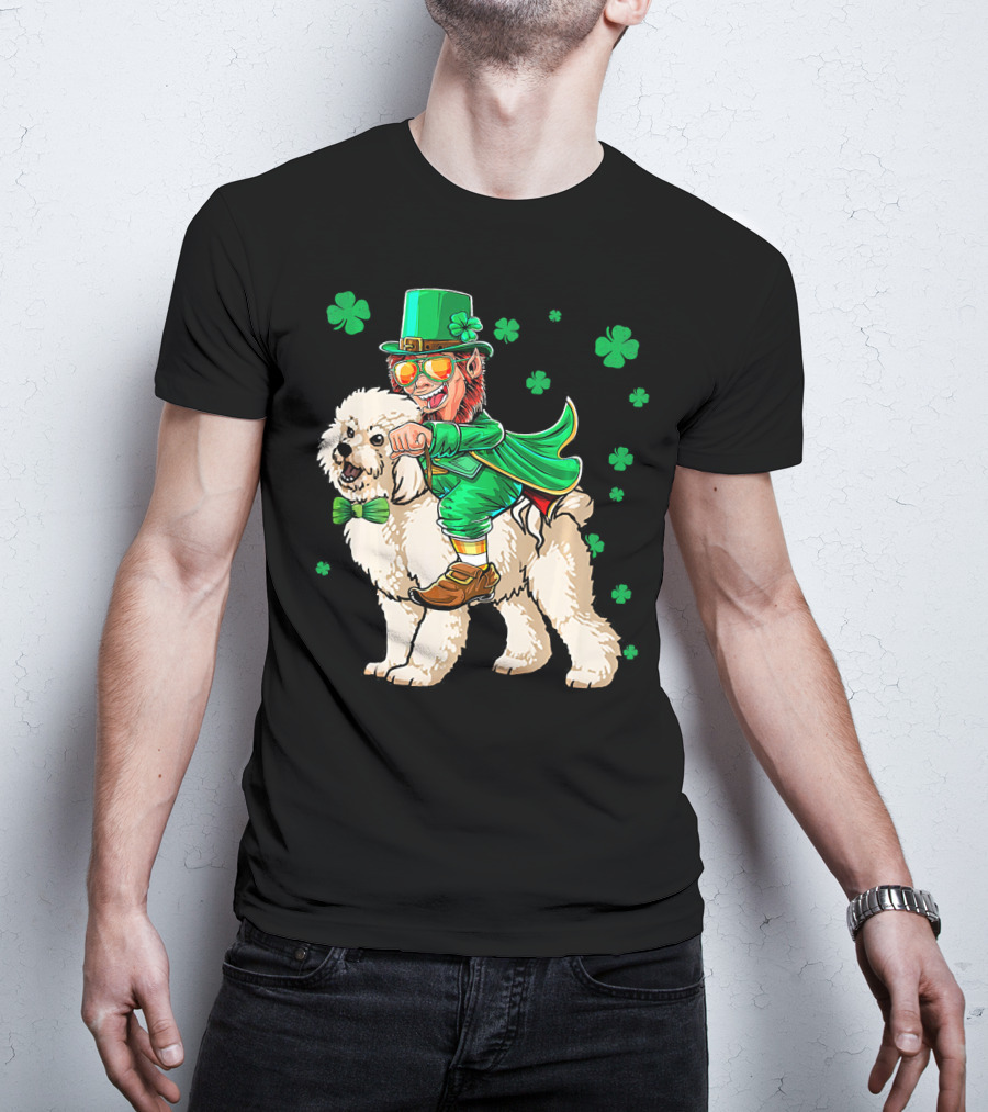 Leprechaun Riding Bichon Frise With Shamrock St. Pat's Day Charm T-Shirt