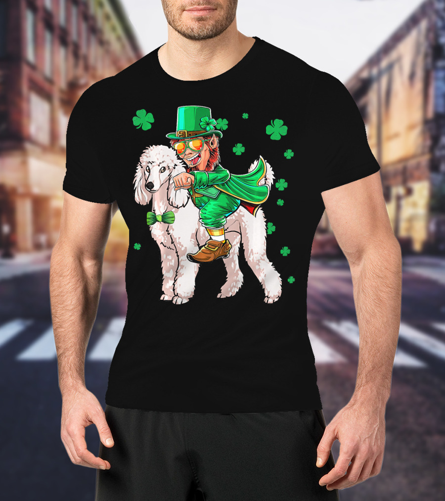 Leprechaun Riding Poodle With Shamrocks St. Patrick's Day T-Shirt