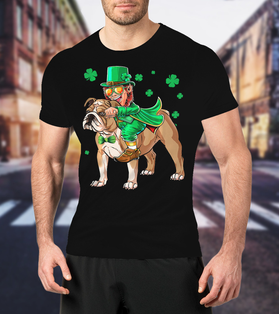 Leprechaun Riding English Bulldog With Shamrocks T-Shirt