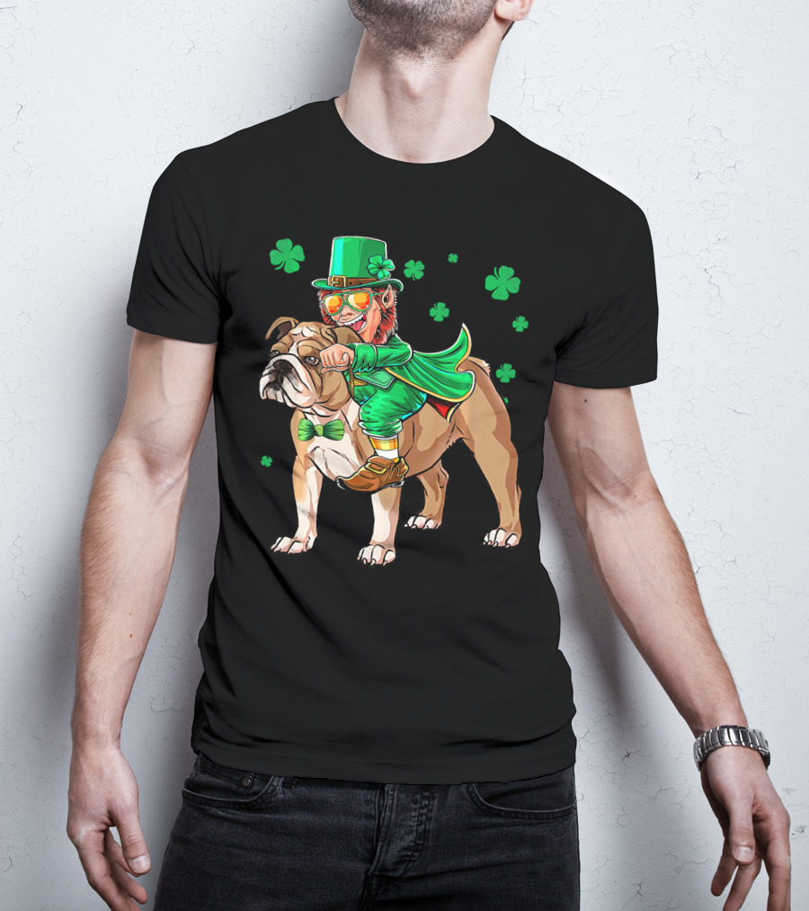 Leprechaun Riding English Bulldog With Shamrocks T-Shirt