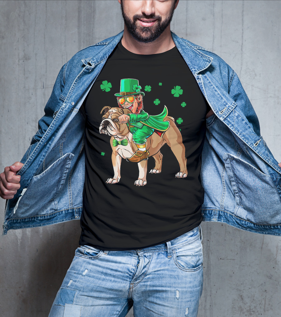 Leprechaun Riding English Bulldog With Shamrocks T-Shirt