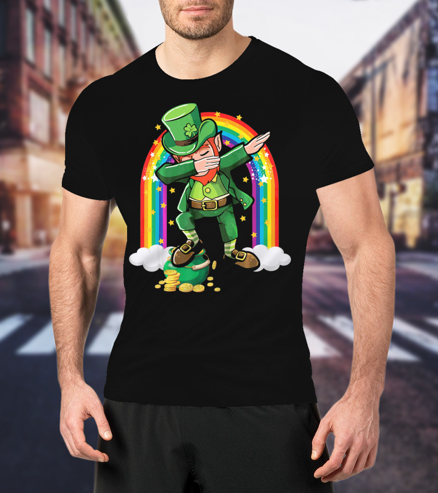 St Patricks Day Leprechaun Dabbing With Rainbow And Gold Coins T-Shirt