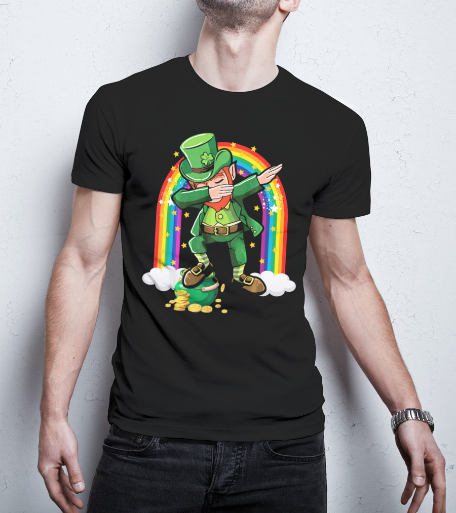 St Patricks Day Leprechaun Dabbing With Rainbow And Gold Coins T-Shirt