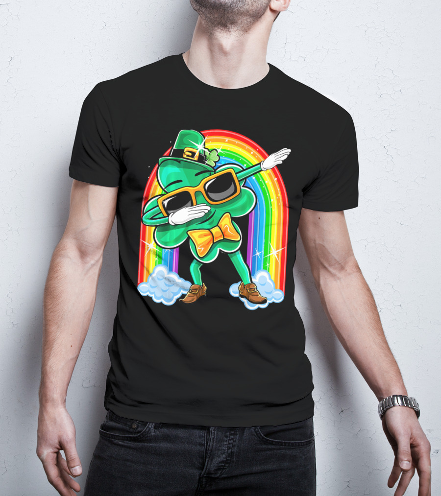 Dabbing St. Patricks Day Shamrock Leprechaun With Rainbow T-Shirt