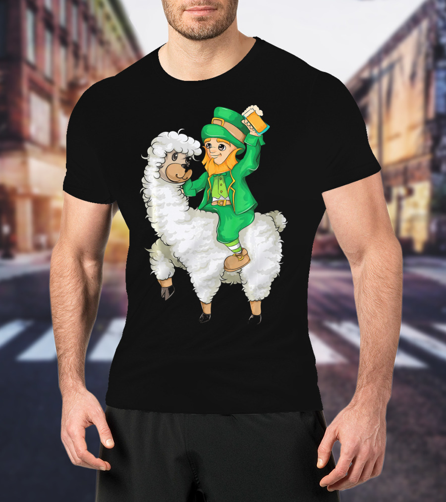 Leprechaun In Green Suit Riding White Fluffy Llama With Beer On St. Patrick's Day T-Shirt