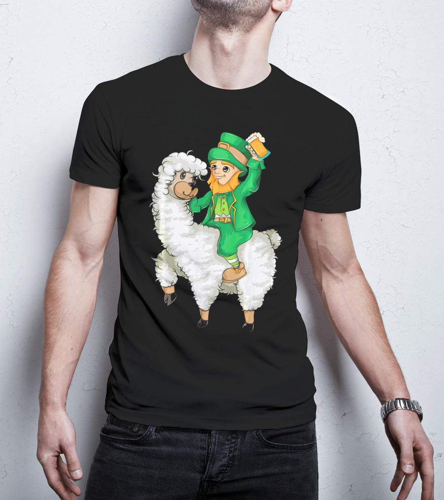 Leprechaun In Green Suit Riding White Fluffy Llama With Beer On St. Patrick's Day T-Shirt
