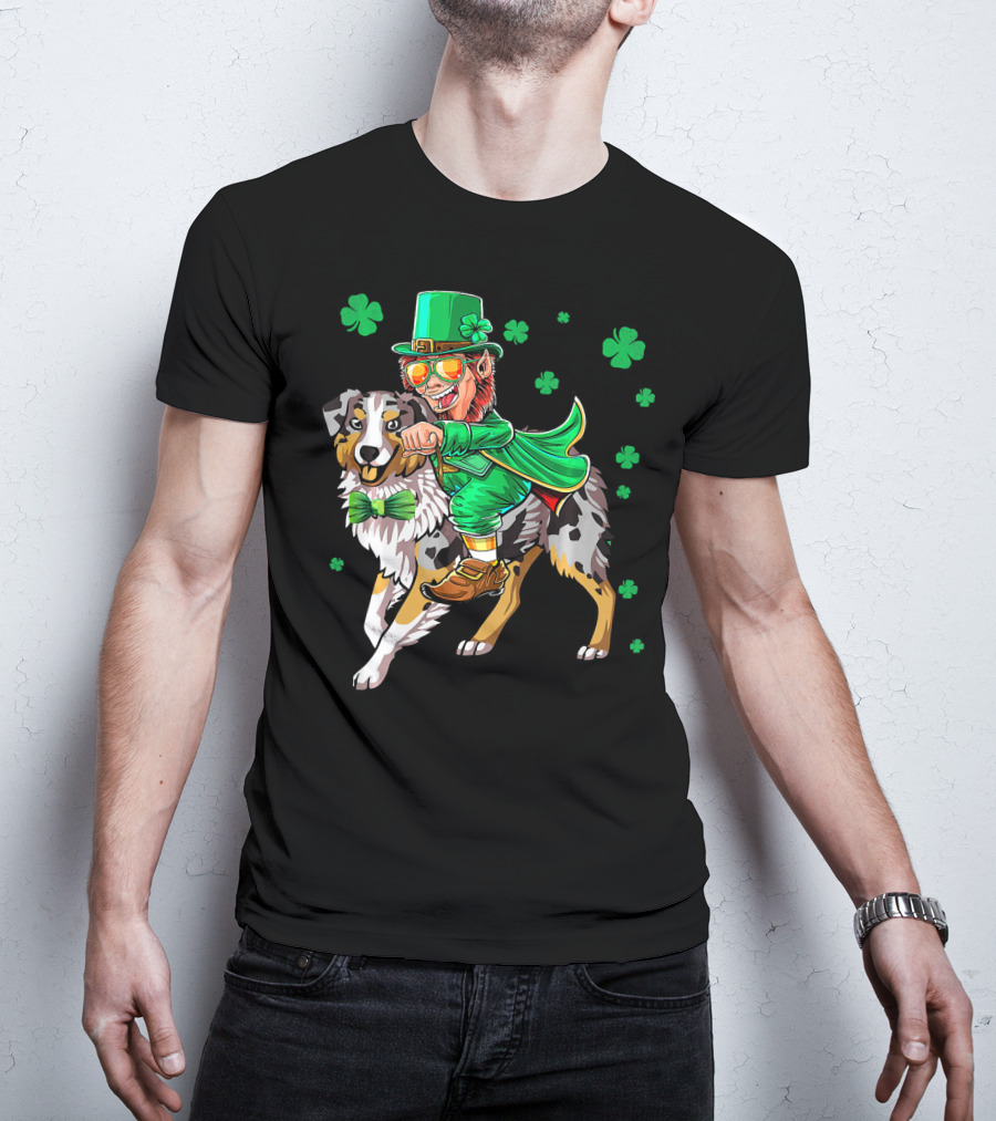 Leprechaun Riding Australian Shepherd With Shamrock Bow Tie And Clover Background T-Shirt
