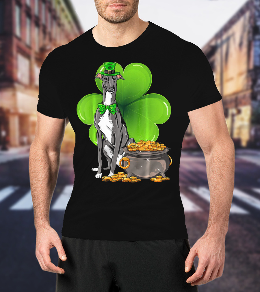 Greyhound St Patricks Day Leprechaun Dog With Shamrock And Pot Of Gold T-Shirt