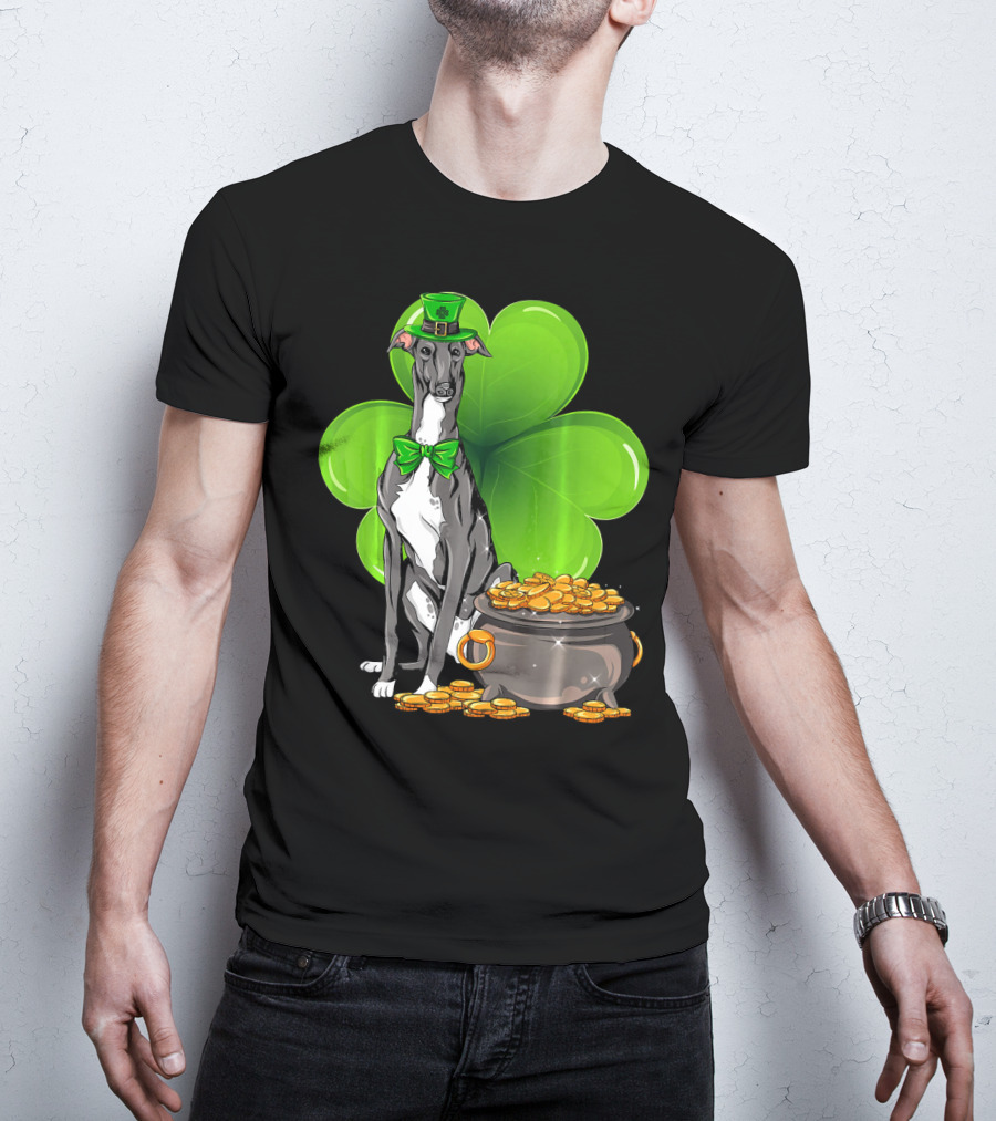 Greyhound St Patricks Day Leprechaun Dog With Shamrock And Pot Of Gold T-Shirt