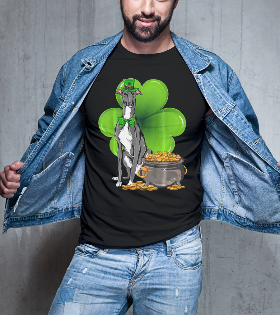 Greyhound St Patricks Day Leprechaun Dog With Shamrock And Pot Of Gold T-Shirt