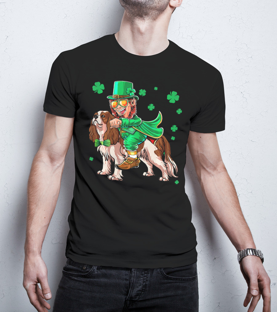 Leprechaun Riding Cavalier King Charles Spaniel With Shamrocks T-Shirt