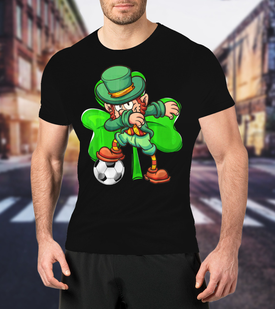 Dabbing Leprechaun Kicking Soccer Ball With Shamrock Background T-Shirt