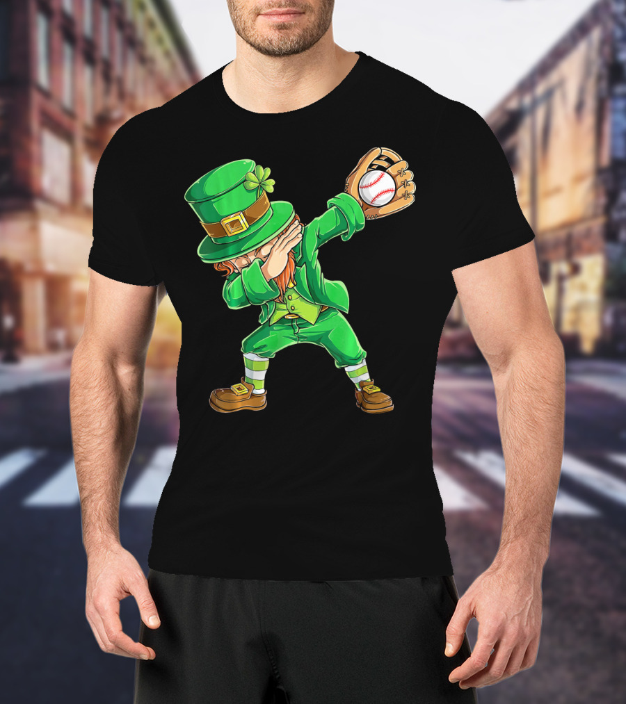 Dabbing Leprechaun Baseball Glove Pitcher Fantasy T-Shirt
