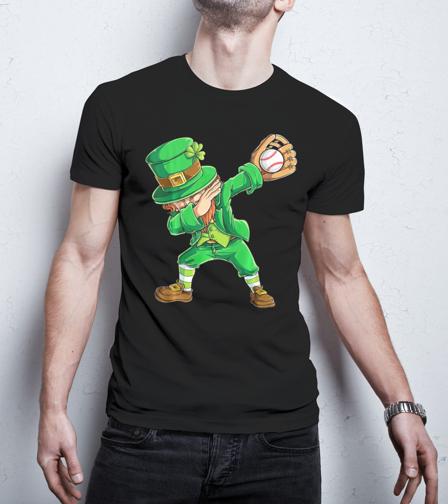 Dabbing Leprechaun Baseball Glove Pitcher Fantasy T-Shirt