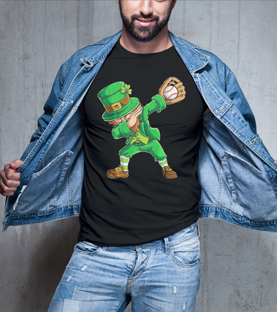 Dabbing Leprechaun Baseball Glove Pitcher Fantasy T-Shirt