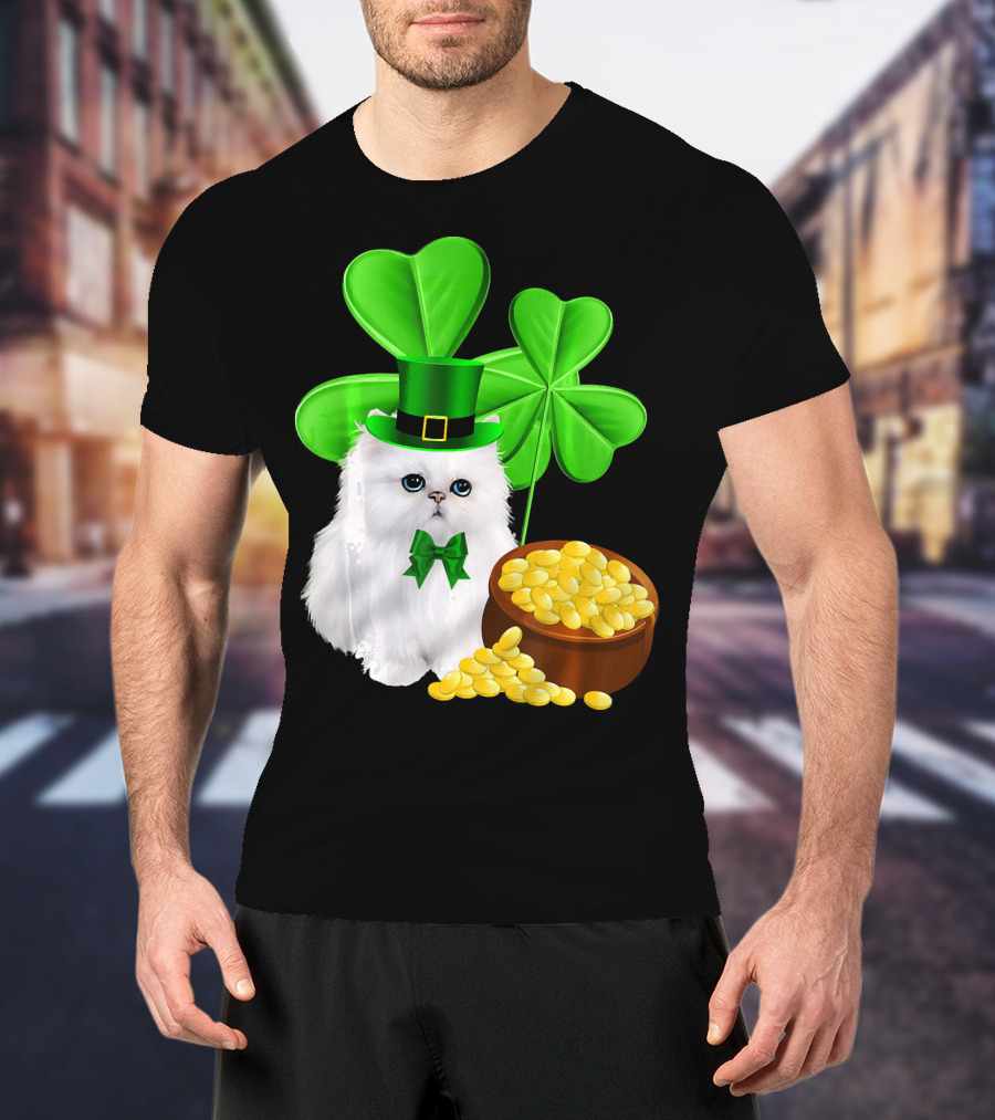 Persian Cat With Leprechaun Hat And Shamrocks St Patricks Day T-Shirt