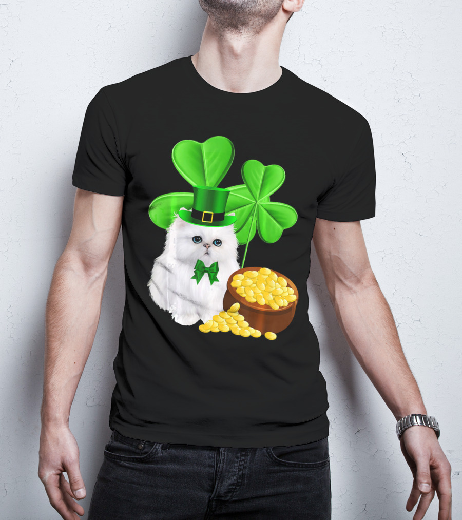 Persian Cat With Leprechaun Hat And Shamrocks St Patricks Day T-Shirt