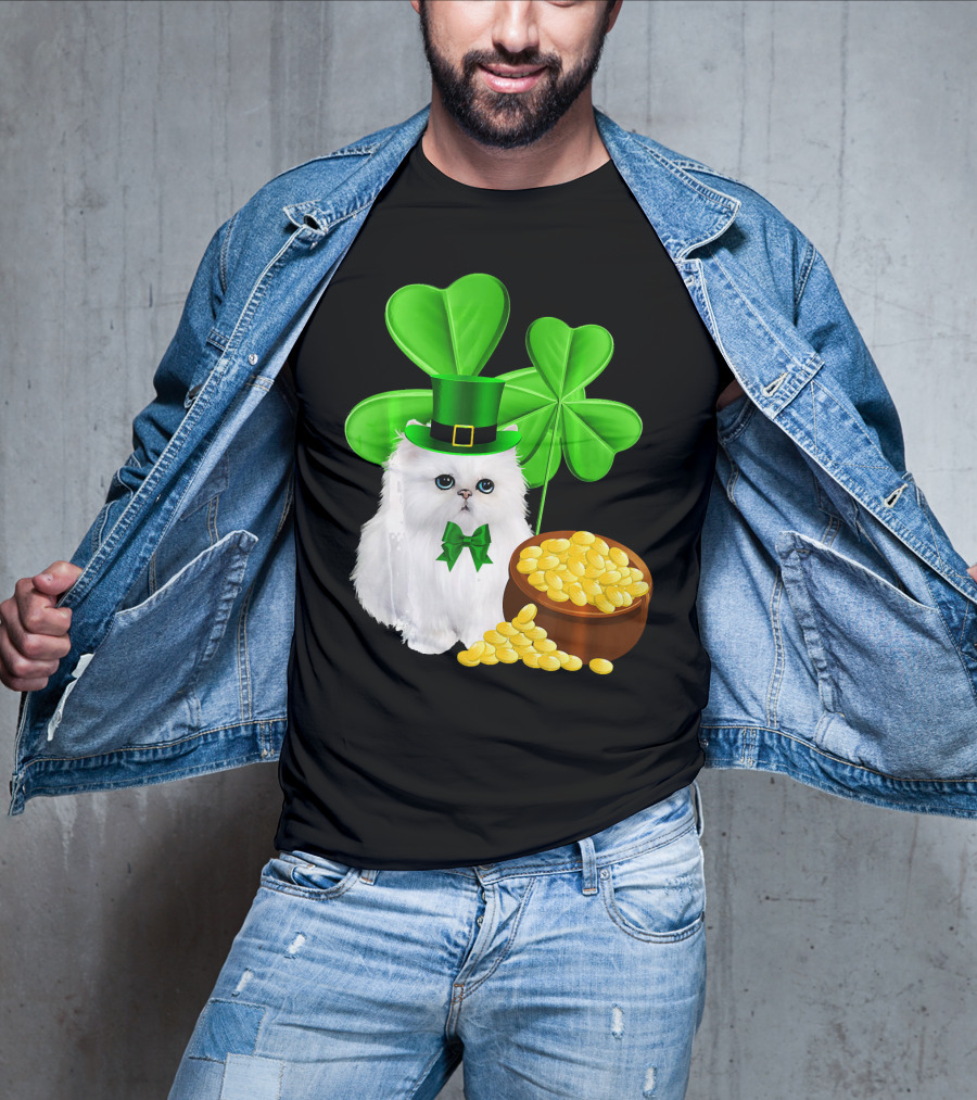 Persian Cat With Leprechaun Hat And Shamrocks St Patricks Day T-Shirt