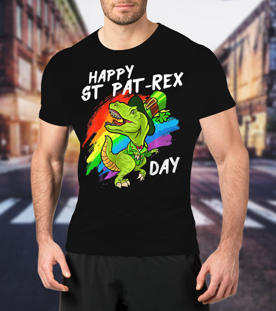 Happy St Pat Rex Day Cute St Patrick Dinosaur Rainbow T-Shirt