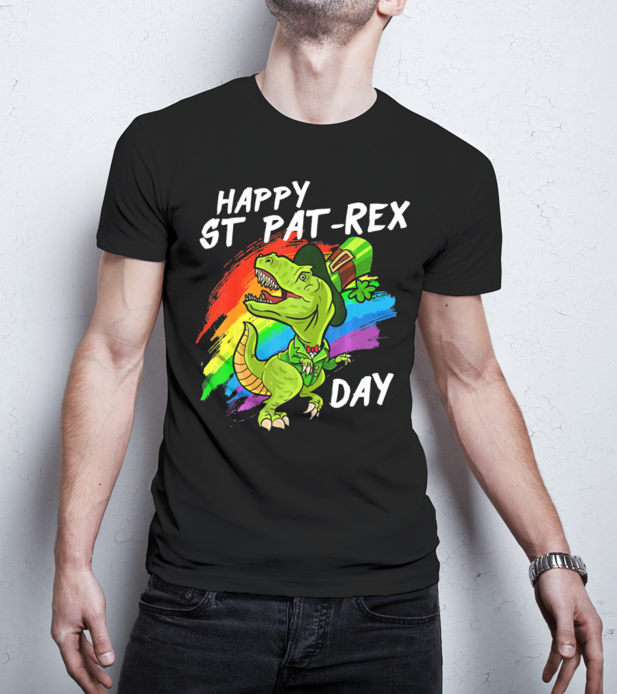 Happy St Pat Rex Day Cute St Patrick Dinosaur Rainbow T-Shirt