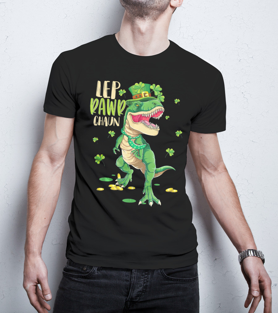 Leprawrchaun St. Patrick's Day Dinosaur With Shamrocks And Gold Coins T-Shirt