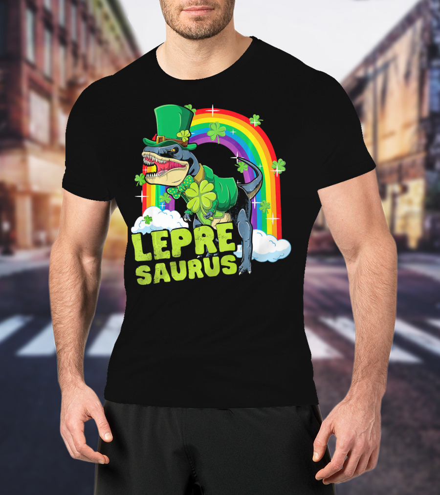 Lepresaurus Dinosaur With Shamrocks And Rainbow St Patrick's Day T-Shirt