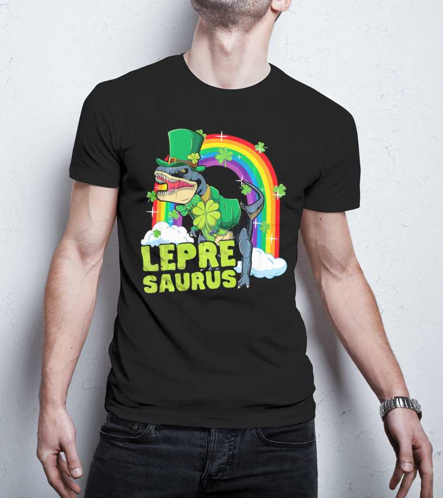 Lepresaurus Dinosaur With Shamrocks And Rainbow St Patrick's Day T-Shirt