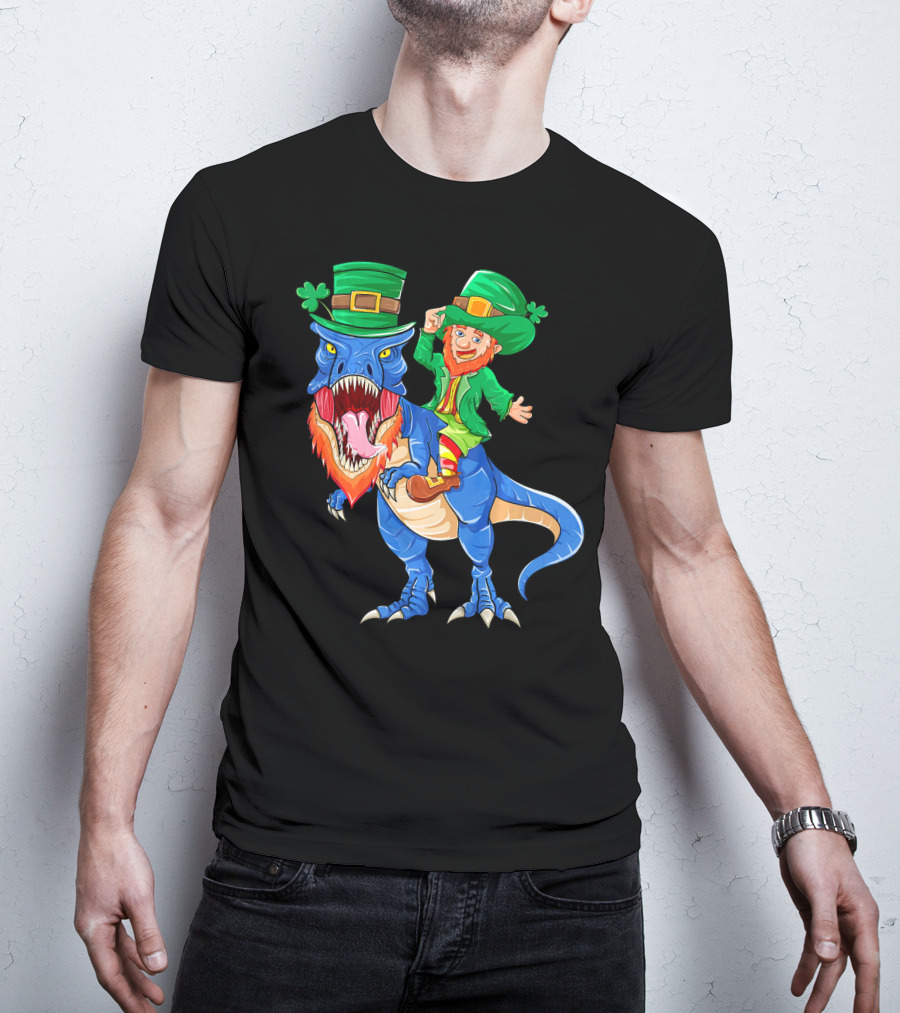 T Rex Dinosaur Ridden By Leprechaun St Patricks Day T-Shirt