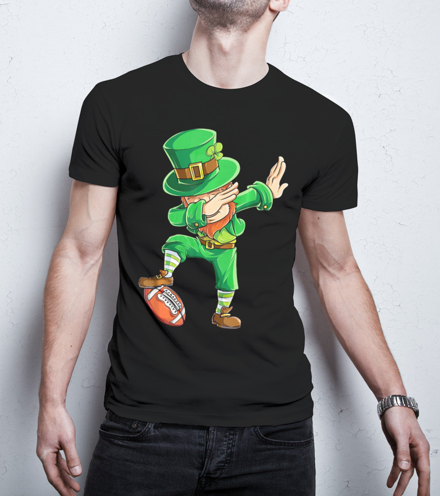 Leprechaun Dabbing On Football With Green Hat And Orange Beard T-Shirt