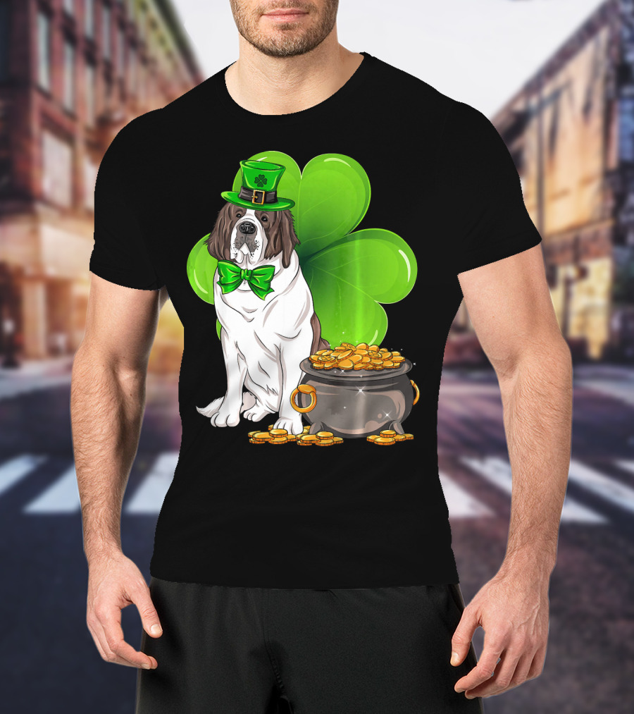 Saint Bernard Leprechaun St Patricks Day Pot Of Gold Clover T-Shirt