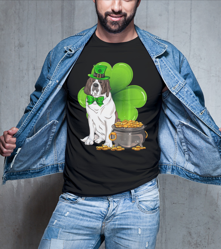 Saint Bernard Leprechaun St Patricks Day Pot Of Gold Clover T-Shirt